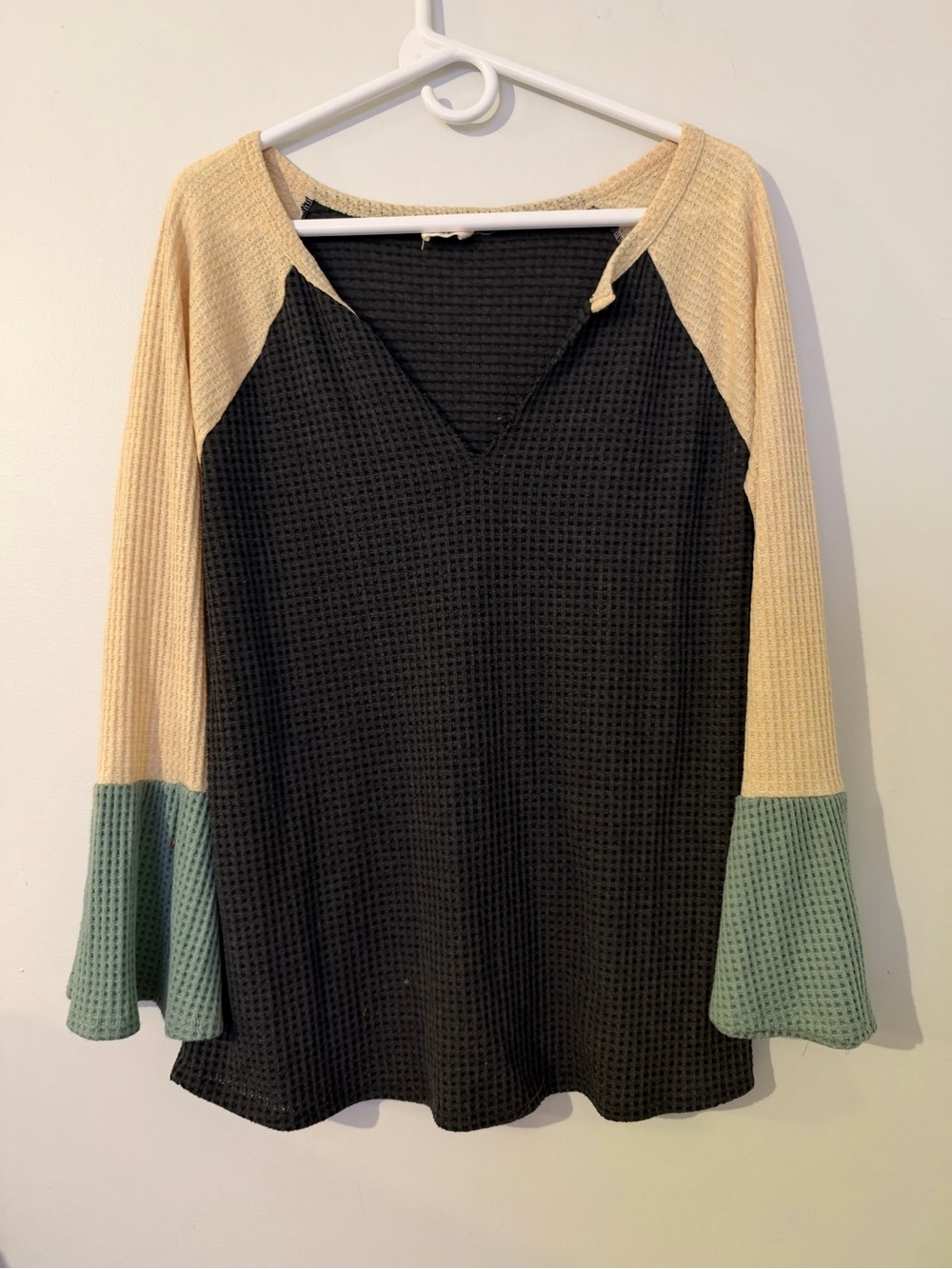 BiBi Colorblock Waffle Knit Long Sleeve Top - Black, Cream & Sage